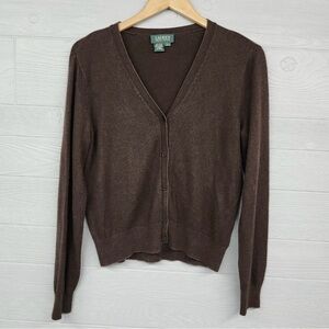 LAUREN by Ralph Lauren Brown Silk Cashmere Blend Cardigan. Size L.